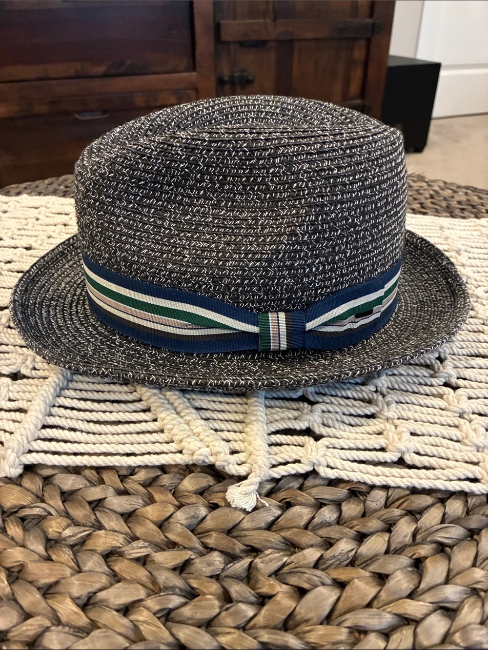 Bailey of Hollywood Salem Black and Gray Woven Straw Hat with Striped Band